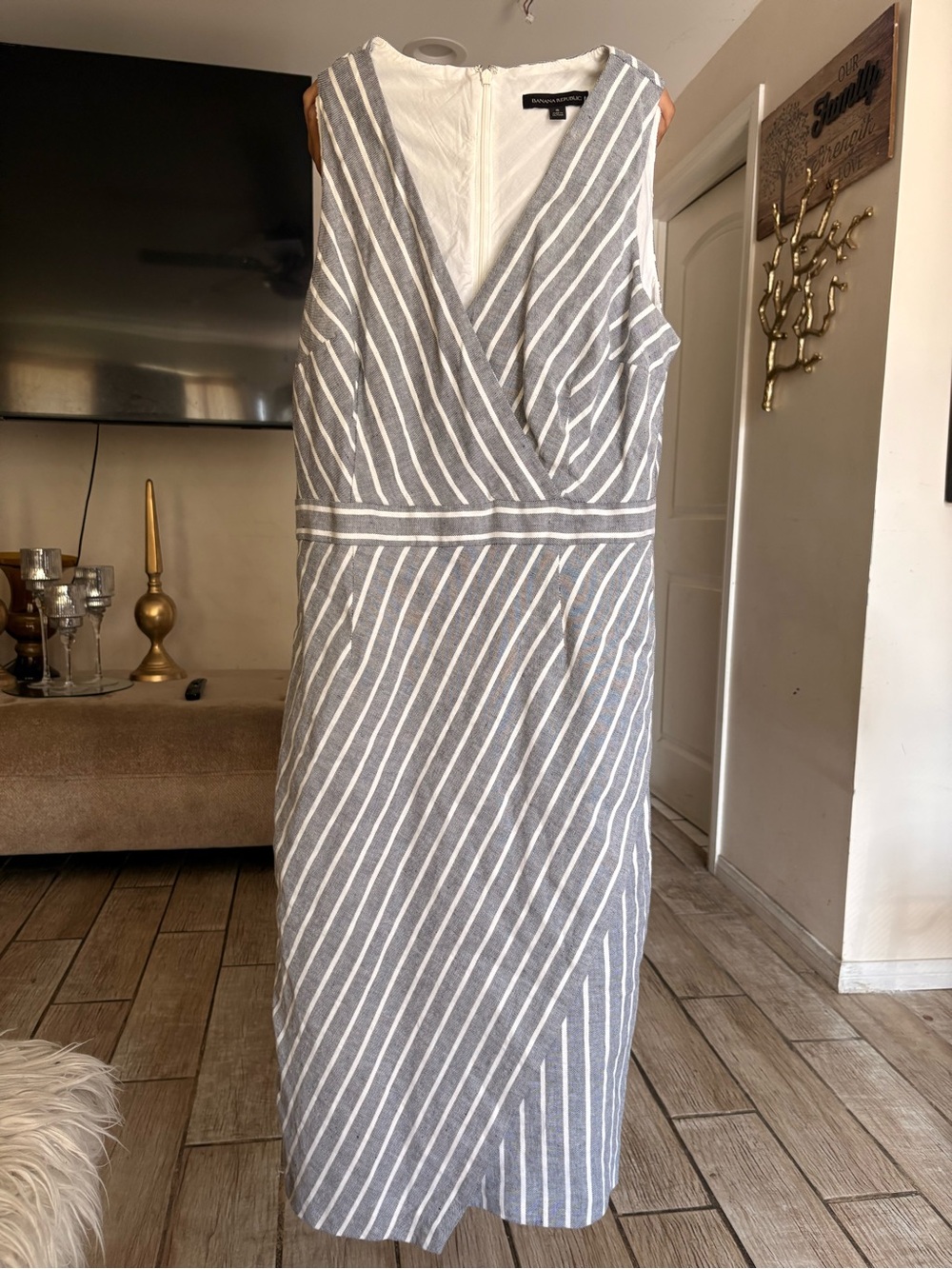 Banana Republic Gray and White Striped Midi Sheath Dress size 8